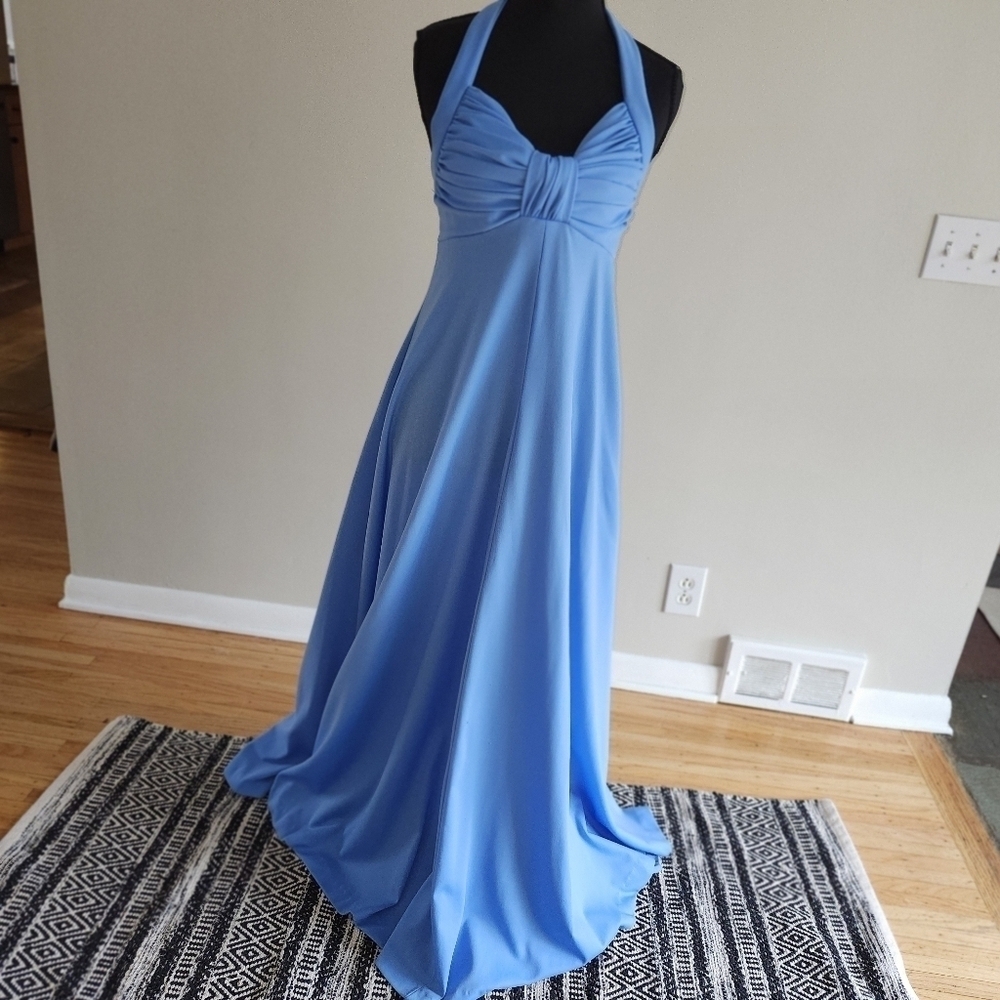 Vintage Circa 1970s Elegant Blue Halter Dress